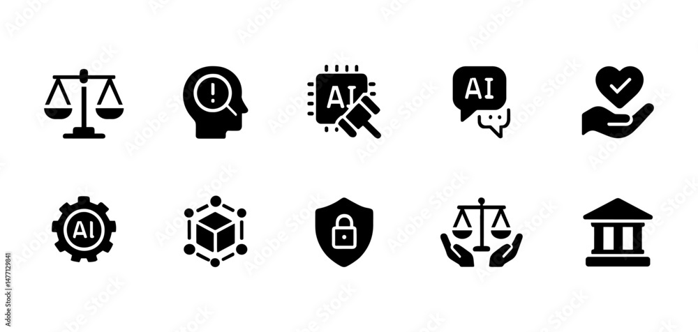 AI law icons: regulation, scale, shield and court AI law icons: regulation, scale, shield and court