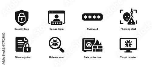 Cyber protection icons: secure login, scan, phishing and vault