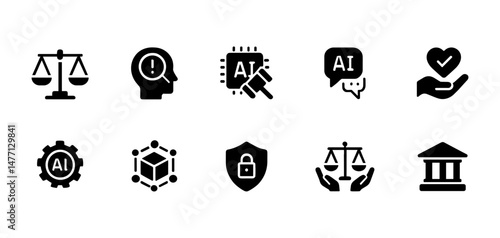 AI law icons: regulation, scale, shield and court