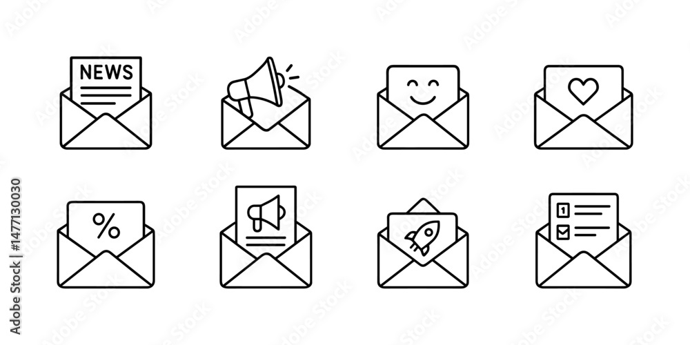 Newsletter email icons: news, love, promo, offers