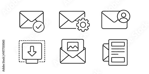 Email features icons: attachments, download, settings