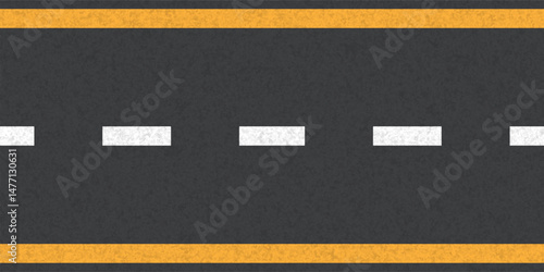 vector asphalt road with dashed lines and solid yellow border markings