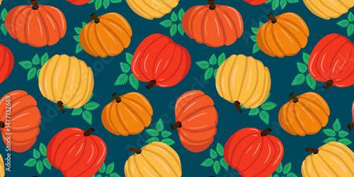 modern bright retro seamless pattern pumpkins leaves emerald background, vibrant vintage fall harvest design, repeating gourd foliage illustration