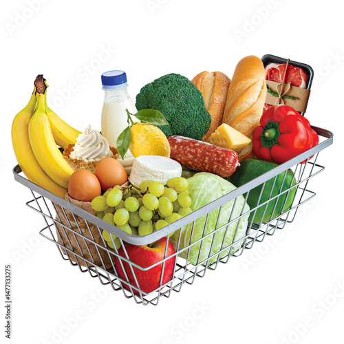 Metal shopping basket full of various fresh products isolated on transparent background