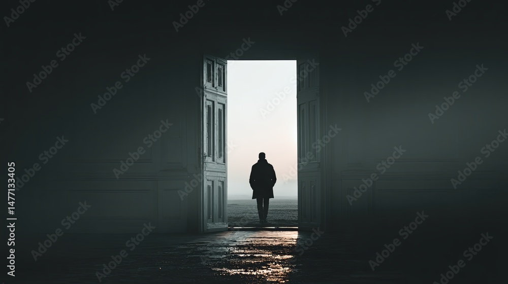 Obraz premium Man standing in open doorway, contemplating lifes possibilities