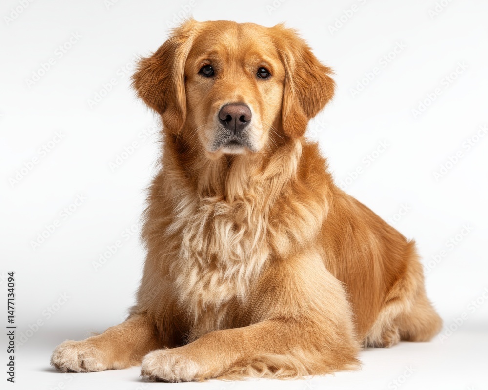 Golden retriever sitting calmly on a light background with expression Golden retriever sitting calmly on a light background with expression