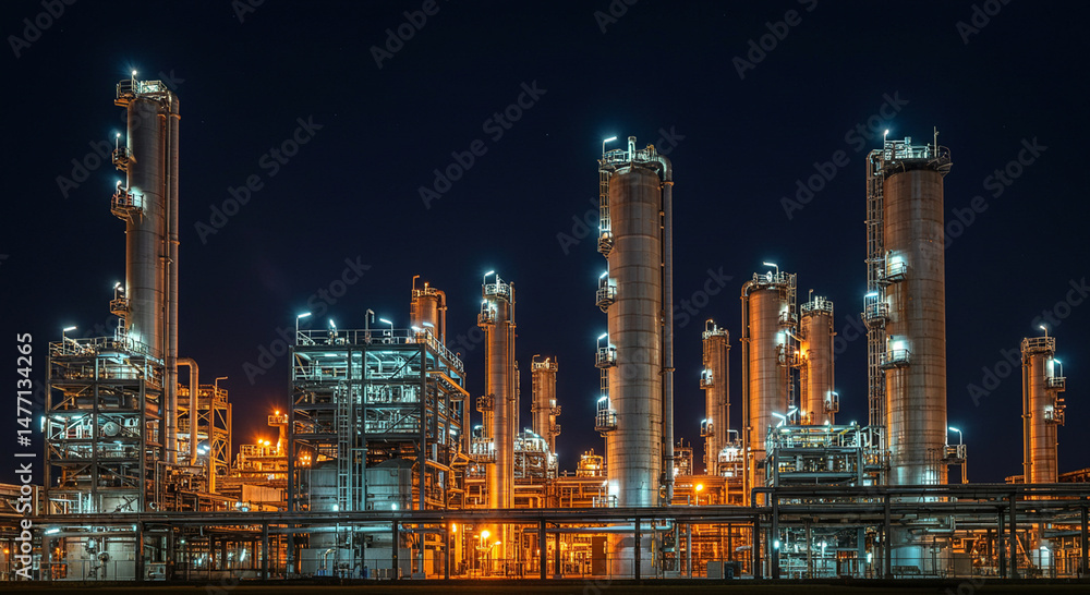 Fototapeta premium Illuminated industrial landscape at night showcasing complex refinery structure