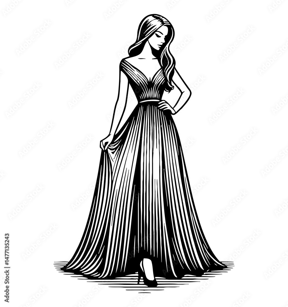 Elegant woman in long gown with hand on hip posing with a classic and fashion dress art Elegant woman in long gown with hand on hip posing with a classic and fashion dress art