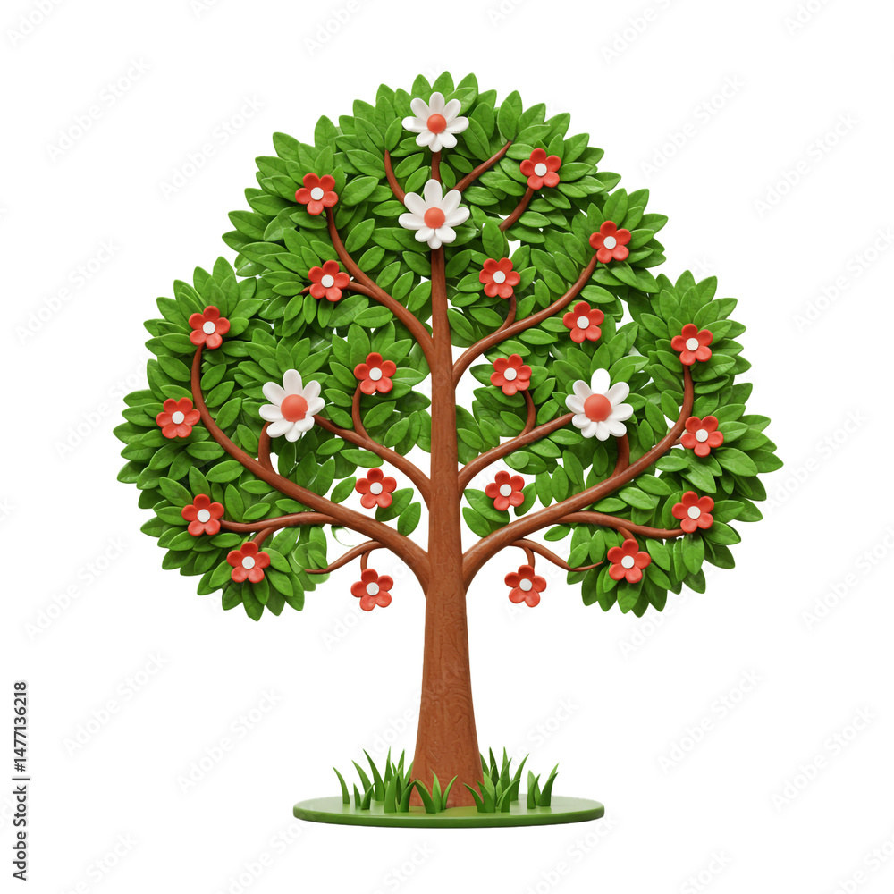 Fototapeta premium Cartoonish blooming tree illustration with vibrant flowers and green leaves