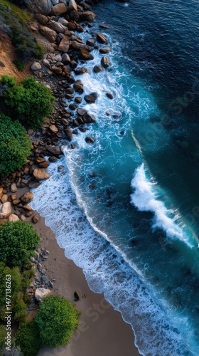 Coastal Paradise Waves Crashing on Sandy Beach Lush Green Vegetation Rocks Aerial View Nature Beauty