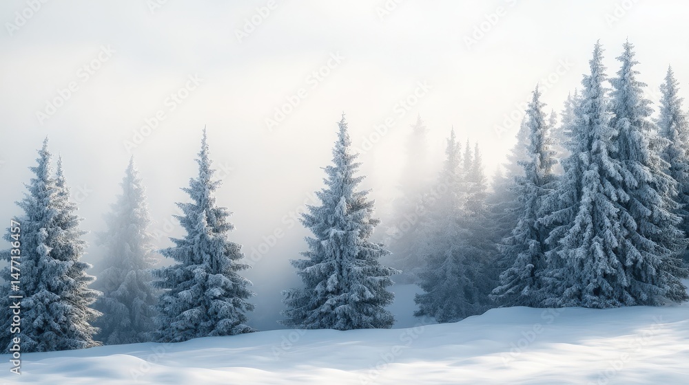 Winter wonderland scene of frosted trees in a misty landscape. Winter wonderland scene of frosted trees in a misty landscape.