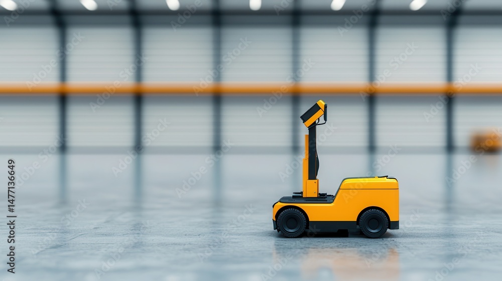 Obraz premium WMS Automation for Efficiency Concept. Sleek yellow forklift stands in a spacious empty warehouse, showcasing modern industrial design. Ideal for logistics, storage, and transport operations.