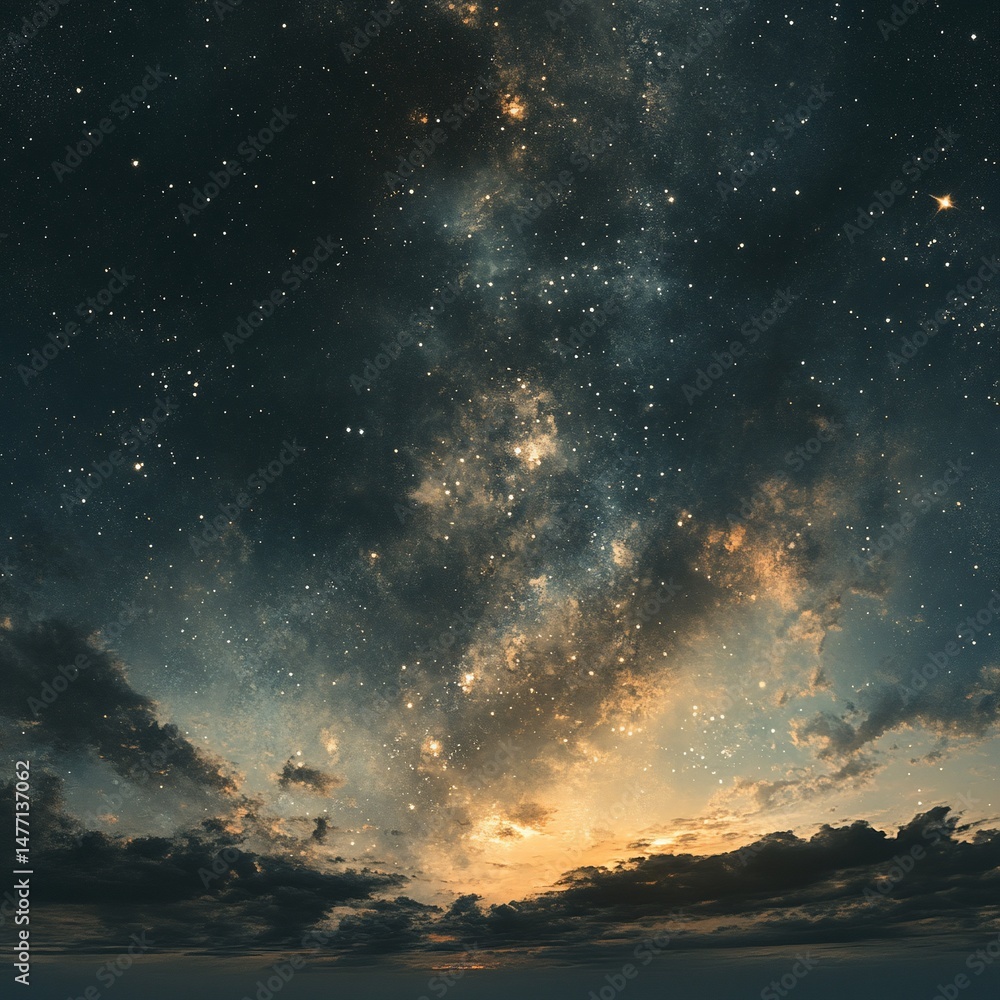 Naklejka premium A breathtaking panorama of a night sky, showcasing a vibrant Milky Way galaxy against a backdrop of dramatic clouds and a fiery sunset