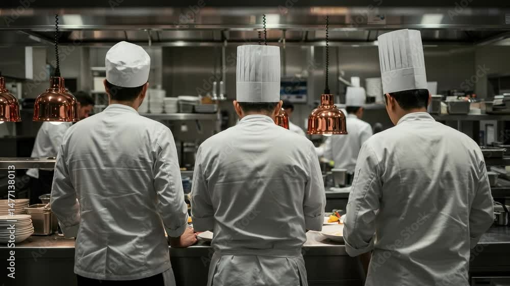 Three Male Chefs in White Uniforms Working Together in a Modern Kitchen, Preparing Dishes Under Warm Copper Lighting - Culinary Collaboration in a Professional Environment Three Male Chefs in White Uniforms Working Together in a Modern Kitchen, Preparing Dishes Under Warm Copper Lighting - Culinary Collaboration in a Professional Environment