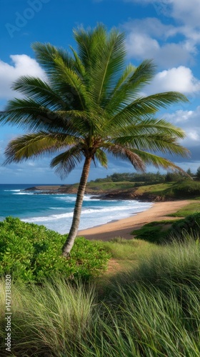 Tropical Palm Tree Overlooking Sandy Beach with Turquoise Ocean Waves Green Vegetation and a Bright Blue Sky with Puffy White Clouds