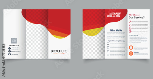 Orange trifold brochure with shapes, waves. Ready Brochure. Editable image.