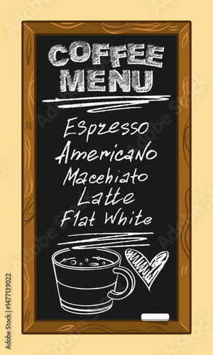 Black board in wooden frame with chalk inscription - Coffee menu and list of coffee drinks. Vector illustration