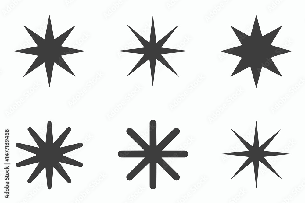 Six Different Eight Pointed Starburst Icons Set Six Different Eight Pointed Starburst Icons Set