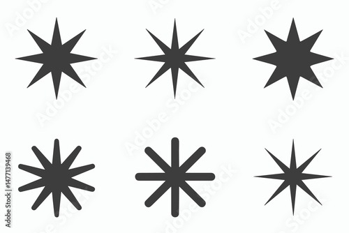 Six Different Eight Pointed Starburst Icons Set