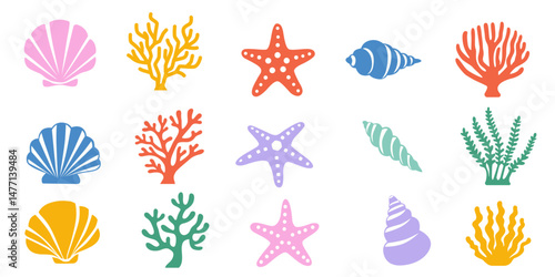 Underwater coral and seaweed, shells, vector cartoon on a white background.Vector eps 10