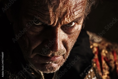 Close-up portrait of a frowning senior male actor performing on stage with a dramatic anger expression, illuminated by theatrical lighting, creating a captivating and intense atmosphere