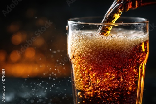 Wallpaper Mural Refreshing Beverage being Poured into Tall Glass, Bubbles Forming Head with Dark Background Torontodigital.ca