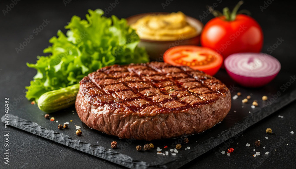 Beefsteak meat on black background, copy space. AI generated. Beefsteak meat on black background, copy space. AI generated.