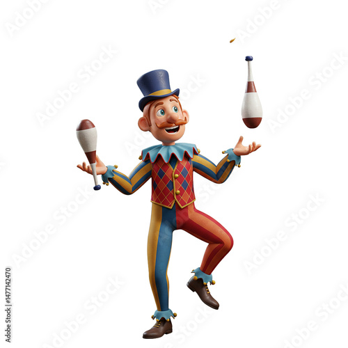 Enchanting Juggler Delightfully Balancing Clubs on a White Isolated Background
