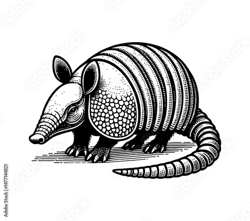 Armadillo standing and looking forward detailed engraving illustration art in black and white