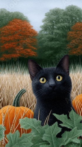 Black Cat Surrounded by Pumpkins and Foliage in an Autumn Field Landscape