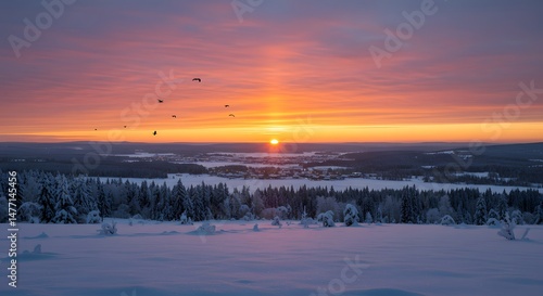 Winter Wonderland Aerial View Majestic Sunrise Snowscape Hot Air Balloons Lapland Finland Frozen Landscape Scandinavian Adventure Tranquil Scenery Snowy Horizon