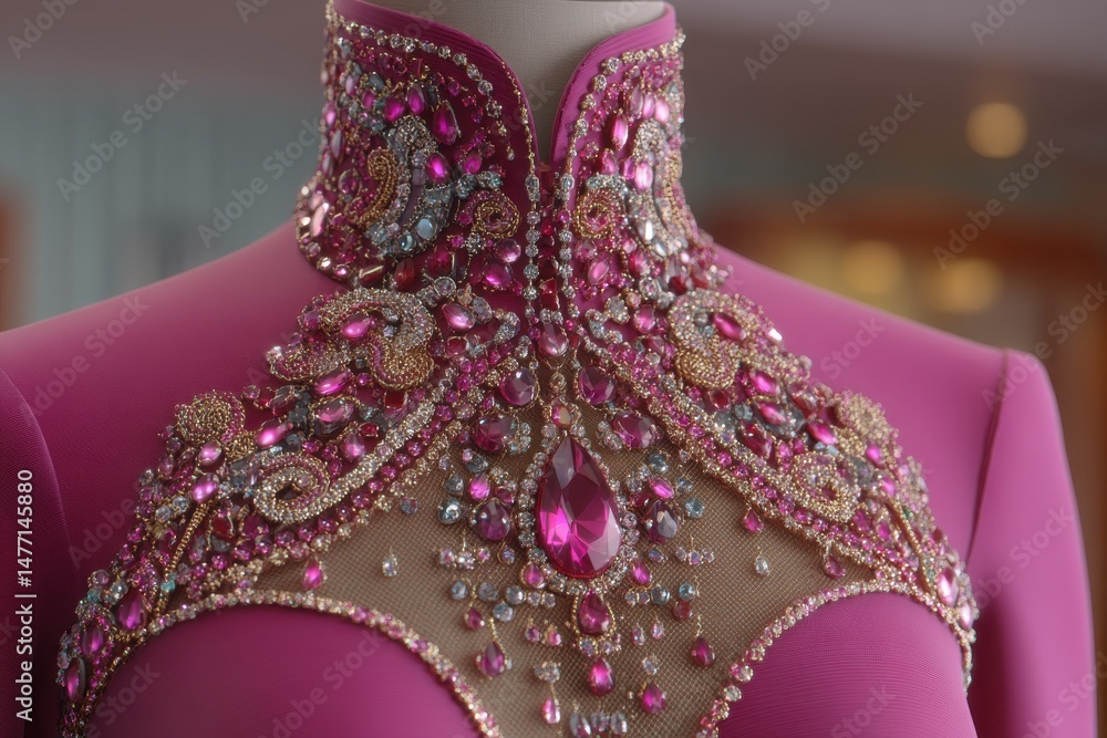 Fototapeta premium Close-up shot of a vibrant pink evening gown adorned with intricate gemstone embellishments, showcasing exquisite craftsmanship and shimmering details for a sophisticated and glamorous look.