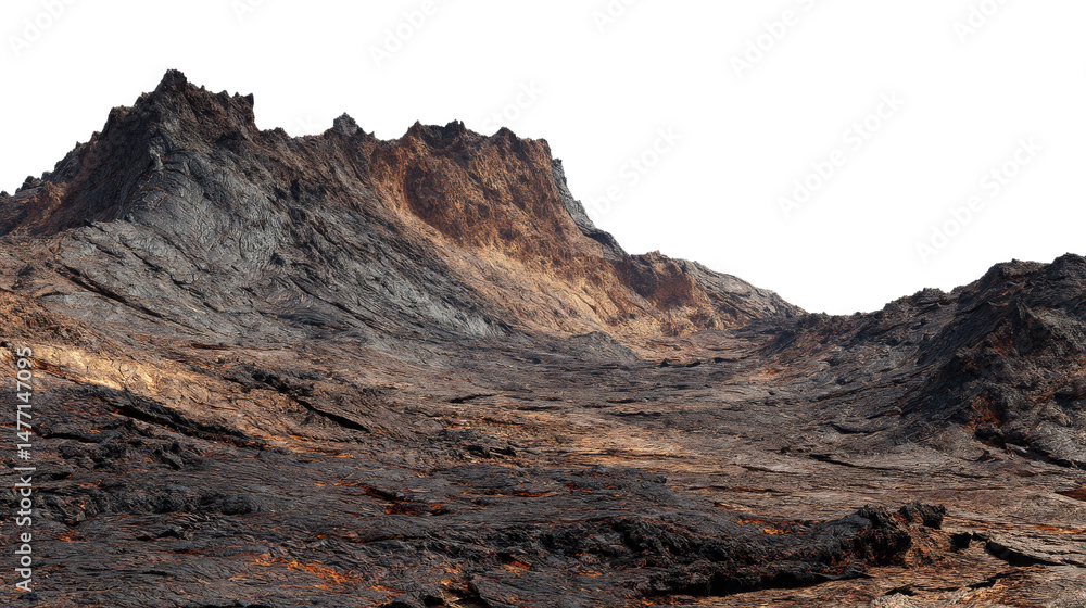 Fototapeta premium Volcanic landscape with charred rocky terrain isolated