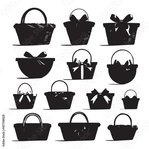 set of black Gift Baskets vector silhouettes isolated on white background