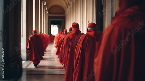 A group of cardinals in red mitres and burgundy robes, seen from behind at a papal conclave outside the Vatican Palace, with soft sunlight creating dramatic highlights and shadows