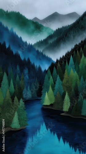 Tranquil Mountain Landscape with River Reflections Evergreen Forest Trees and Misty Peaks Serene Nature Scene
