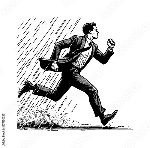 Businessman Running in Rain with Briefcase in Engrave Black and White Illustration