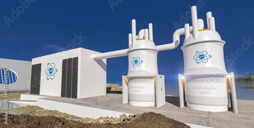 concept of a SMR small modular nuclear reactor power plant on a sunny day. SMR is a future energy concept. 3d rendering.