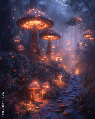 A mysterious forest filled with floating orbs and glowing mushrooms, fantasy lighting, misty vibes