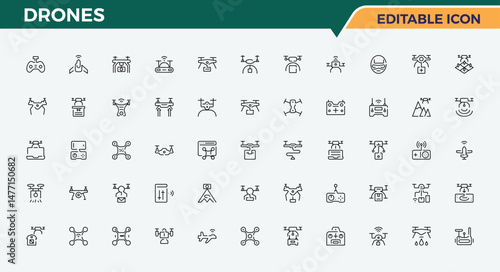 Set of Drones line icon. Included camera, air, fly, helicopter, aerial, drone, flight and more. Minimal icons pack. Doren Camera line icon set. Editable stroke collections.