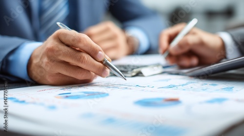 Wallpaper Mural Two people analyze charts and documents with pens in an office setting. Torontodigital.ca