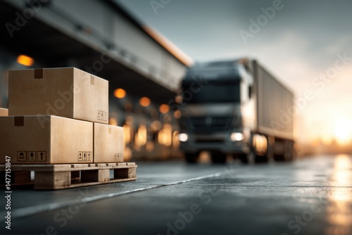 A blurred view of a freight truck with parcels on wooden pallets, ready for shipping at a modern warehouse in the logistics and transport industry during sunset.