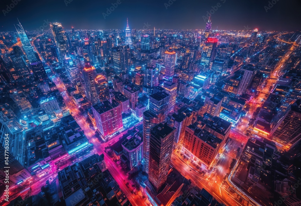 Obraz premium a vibrant aerial view of a sprawling city at night illuminated with a dazzling array of neon blues, pinks, and oranges creating a futuristic urban landscape.