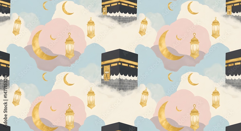 Naklejka premium Kaaba in the Clouds: Islamic Pilgrimage Pattern