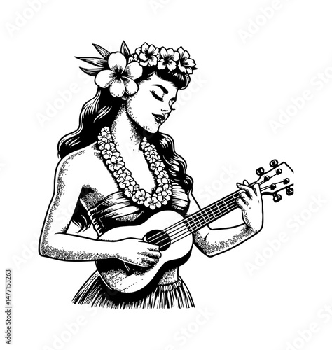 Woman in lei and flower crown playing ukulele with eyes closed in black and white drawing