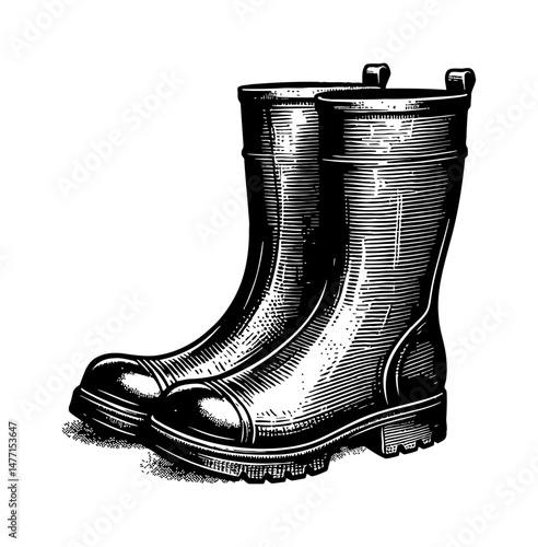 Pair of Black Rubber Boots in Detailed Engraved Vintage Style Isolated on White Background