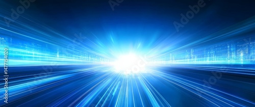 Abstract representation of speed and light with blue lines converging towards a bright central point