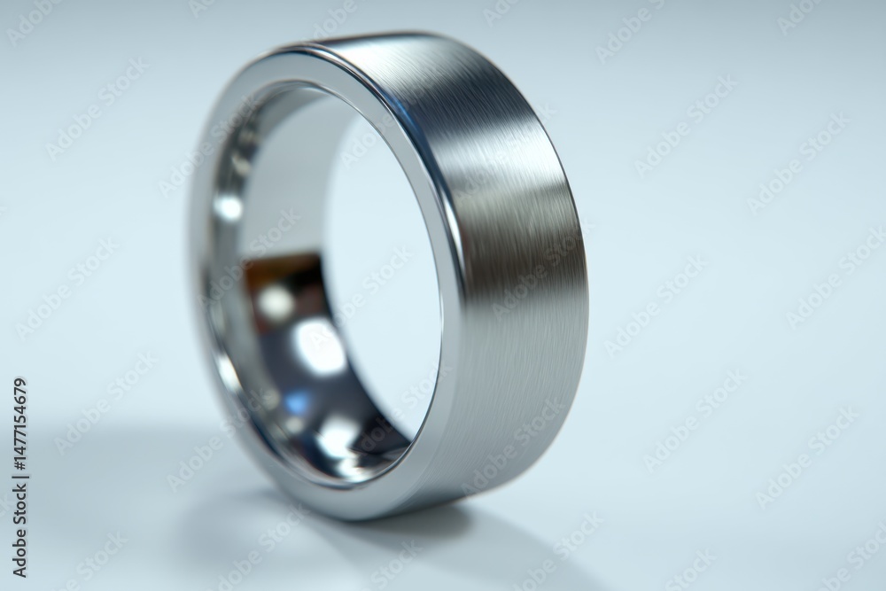 A macro shot of a minimalist silver ring with brushed metal texture, showcasing its modern design and elegant simplicity against a clean white background surface. A macro shot of a minimalist silver ring with brushed metal texture, showcasing its modern design and elegant simplicity against a clean white background surface.