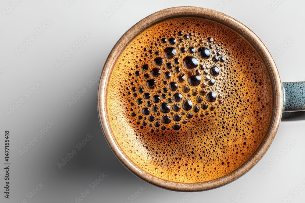 Warm cup of brewed coffee with rich crema showcasing bubbles on a smooth surface Warm cup of brewed coffee with rich crema showcasing bubbles on a smooth surface