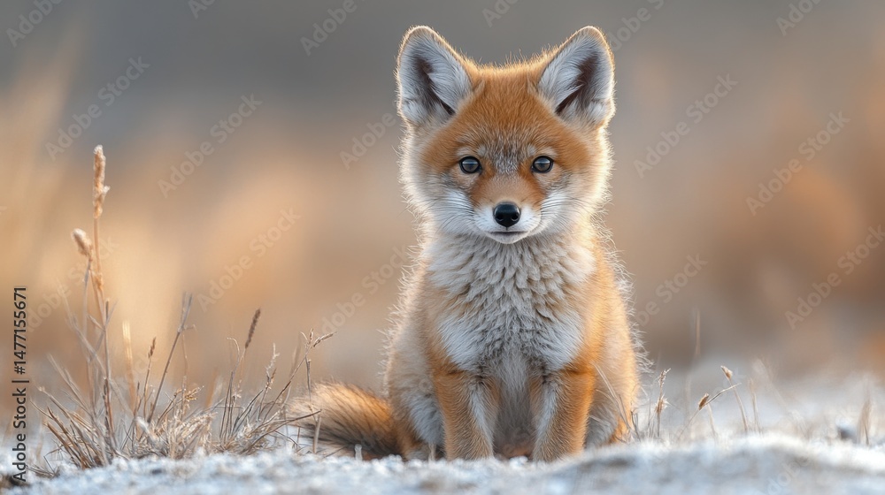 Naklejka premium Lindo retrato de coyote bebé con fondo azul claro para la educación sobre la vida silvestre y la conservación animal.